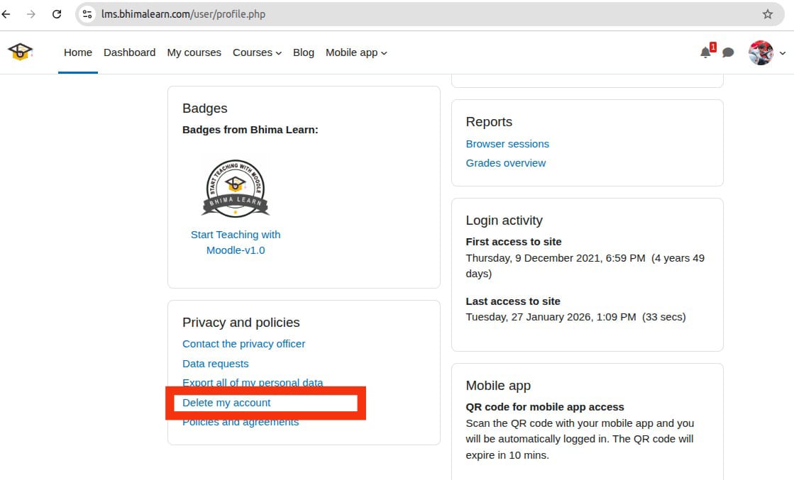 delete my account screen